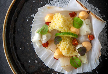 Gebrande coquille met chorizo en geitenkaas